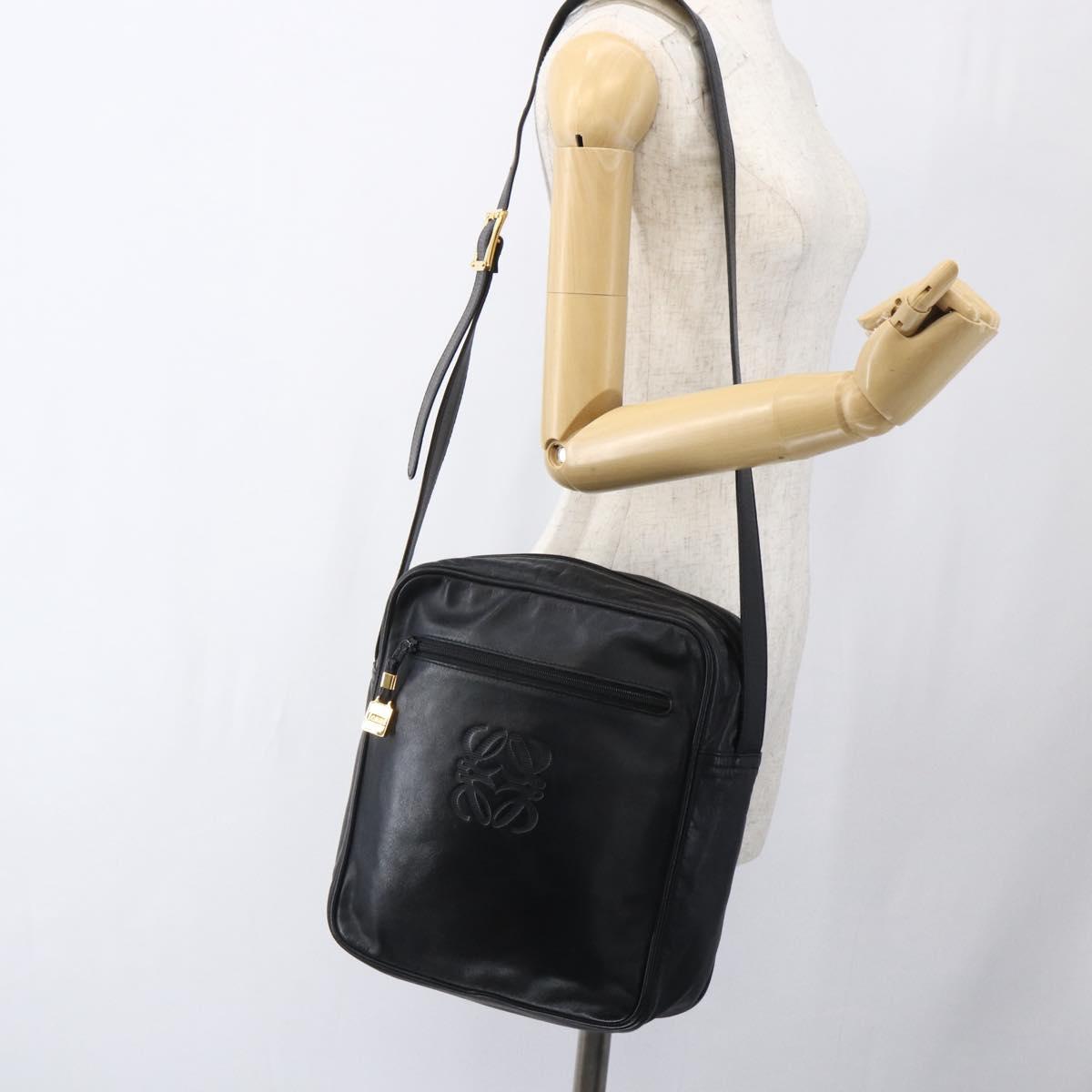 LOEWE Anagram Shoulder Bag Leather Black Gold Auth ka2028
