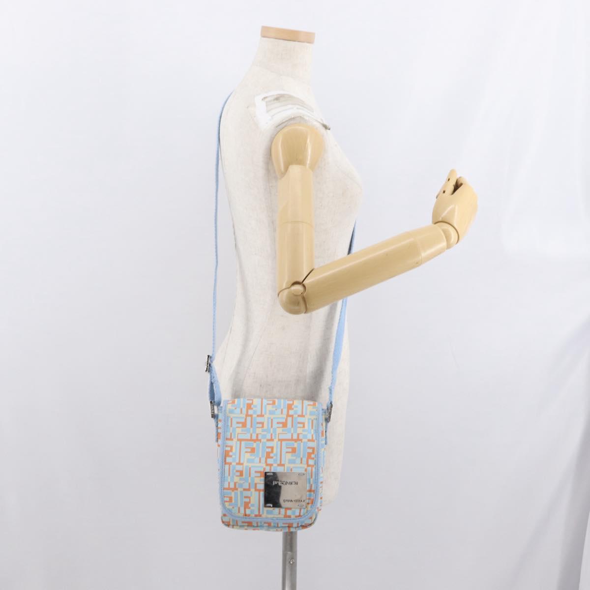 FENDI Zucca Canvas Shoulder Bag Denim Light Blue Silver Auth ka2046