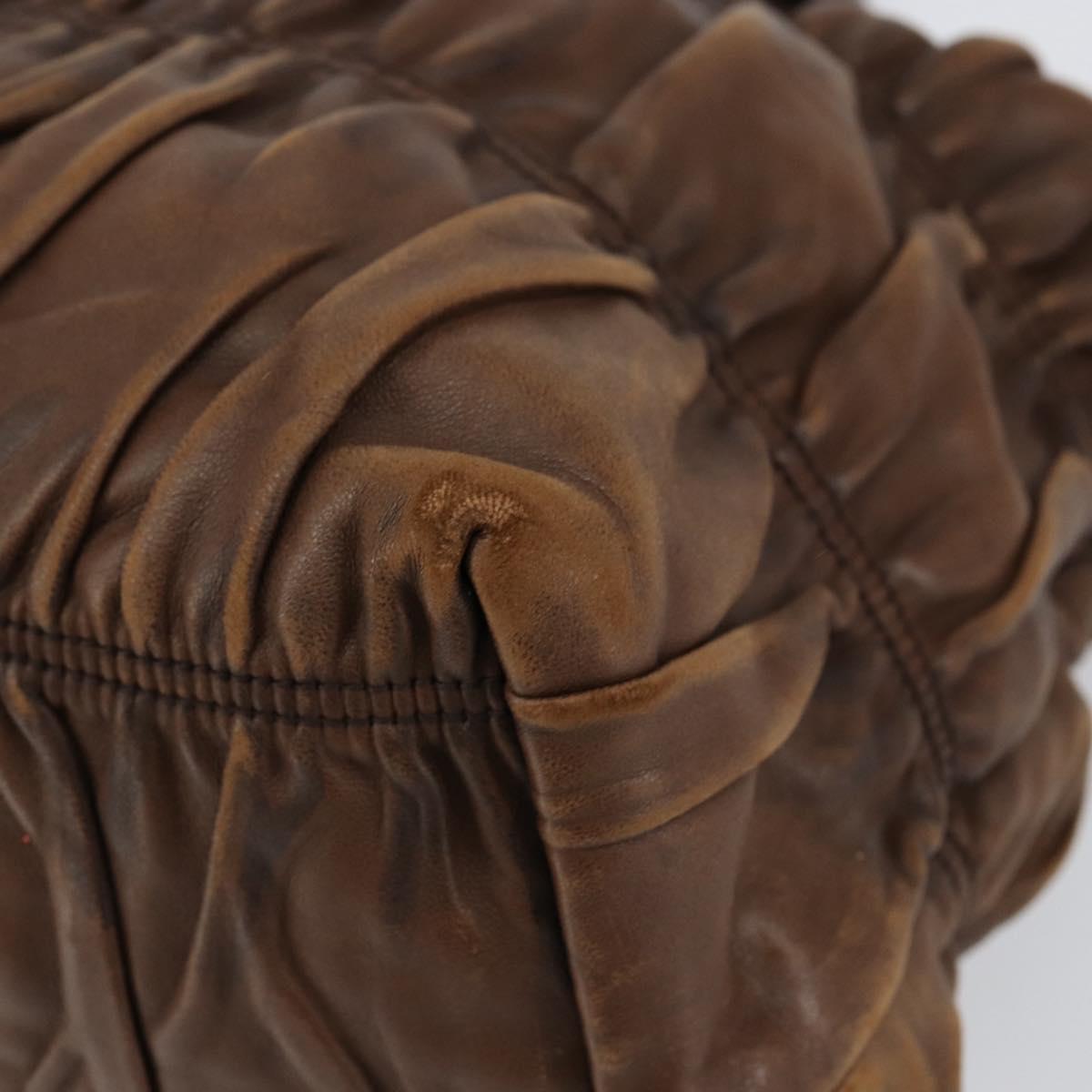 PRADA Hand Bag Leather Dark Brown Gold Auth ka208