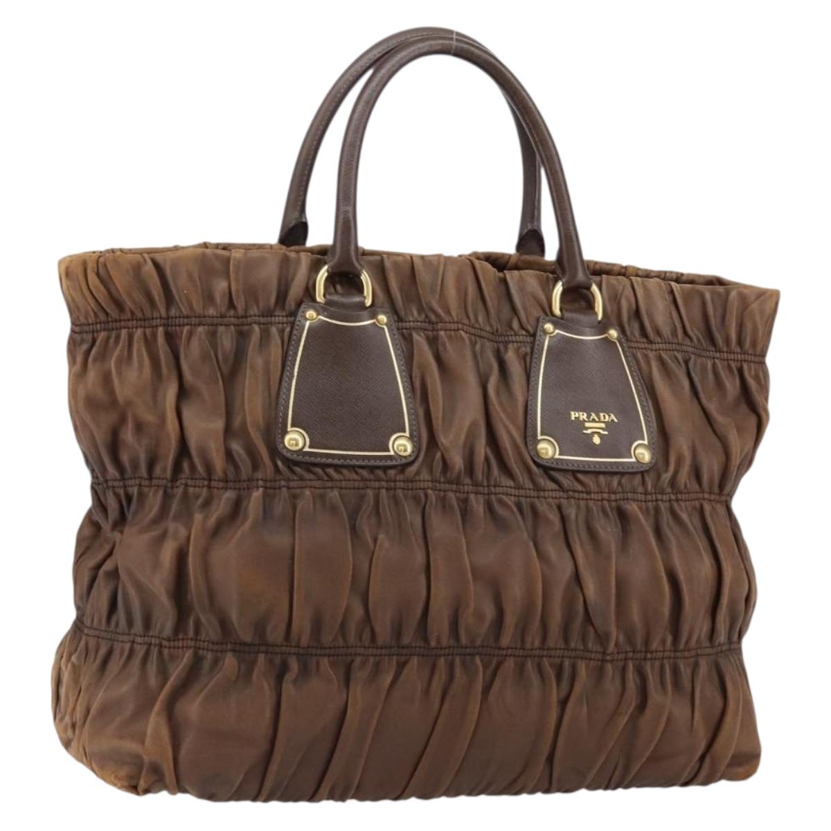 PRADA Hand Bag Leather Dark Brown Gold Auth ka208