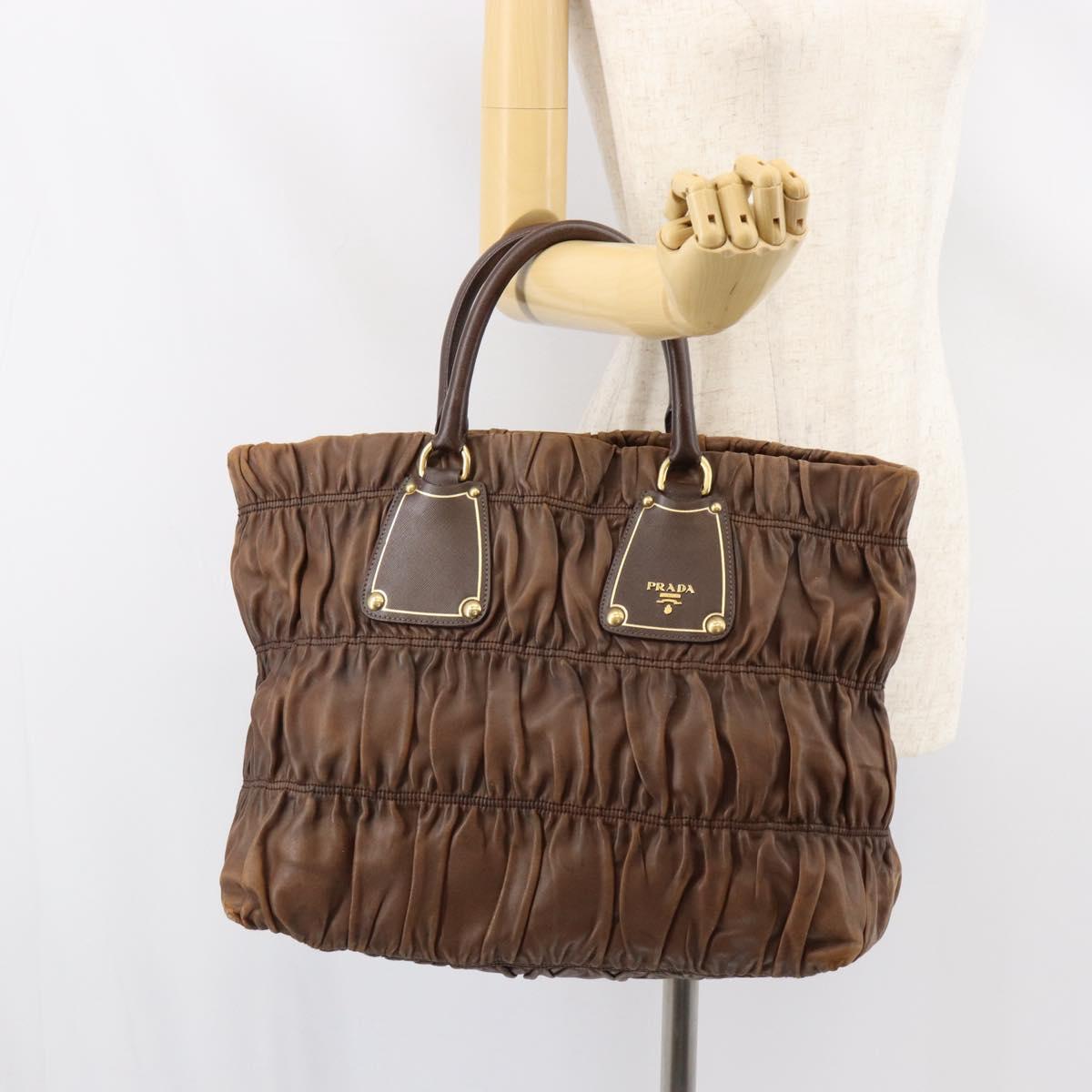 PRADA Hand Bag Leather Dark Brown Gold Auth ka208