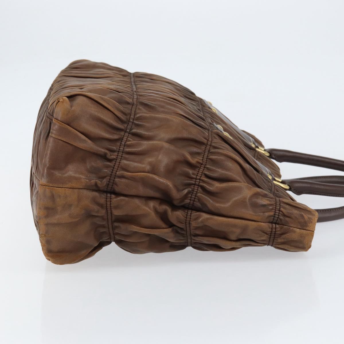PRADA Hand Bag Leather Dark Brown Gold Auth ka208