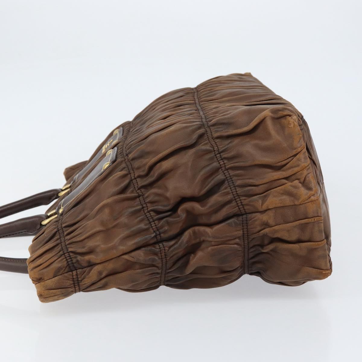 PRADA Hand Bag Leather Dark Brown Gold Auth ka208