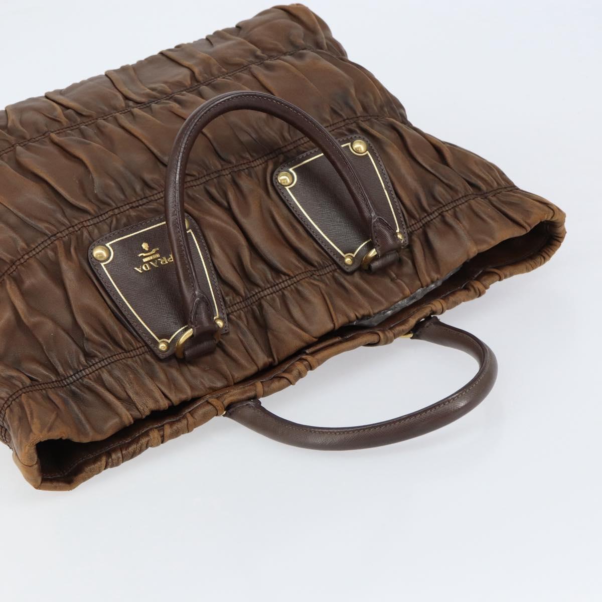 PRADA Hand Bag Leather Dark Brown Gold Auth ka208