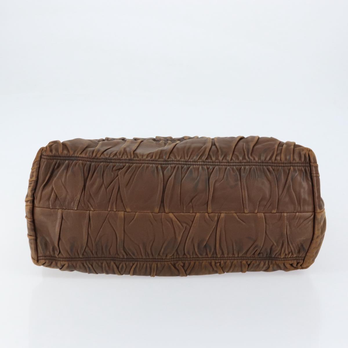 PRADA Hand Bag Leather Dark Brown Gold Auth ka208