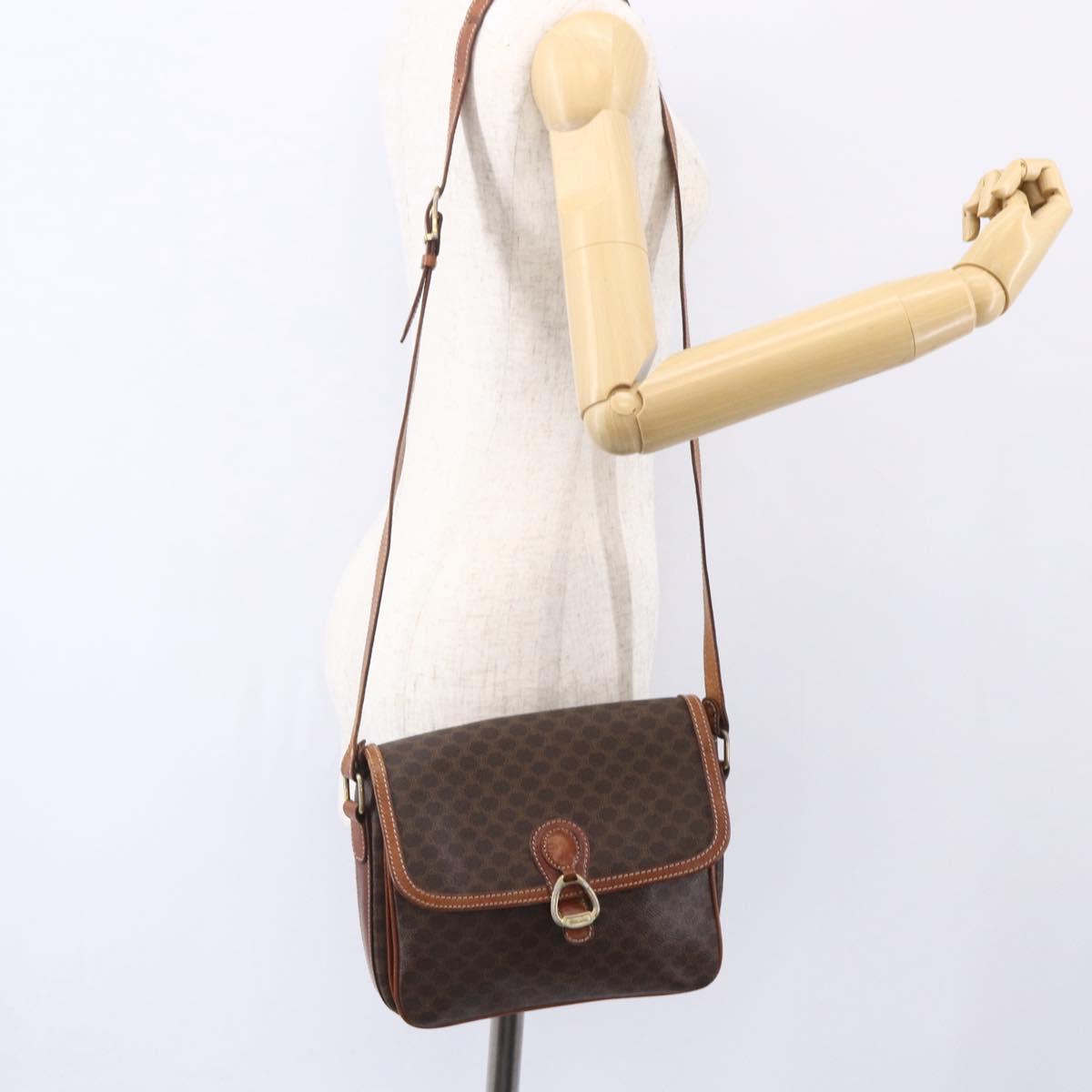 CELINE Macadam Canvas Shoulder Bag PVC Leather Brown Gold Auth ka209