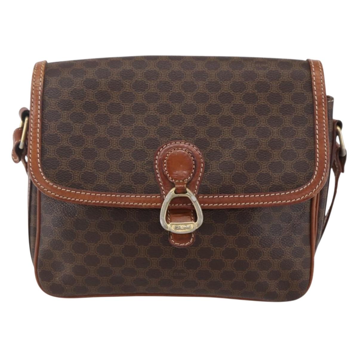 CELINE Macadam Canvas Shoulder Bag PVC Leather Brown Gold Auth ka209