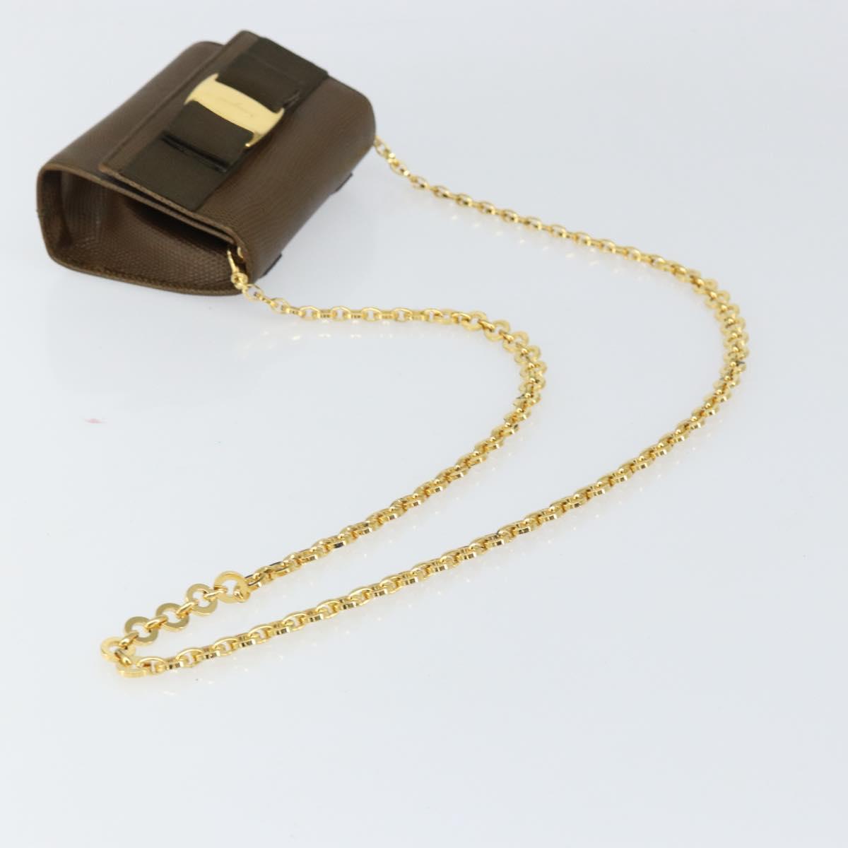 Salvatore Ferragamo Vara Ribbon Chain Bag Leather Brown Gold Auth ka2095