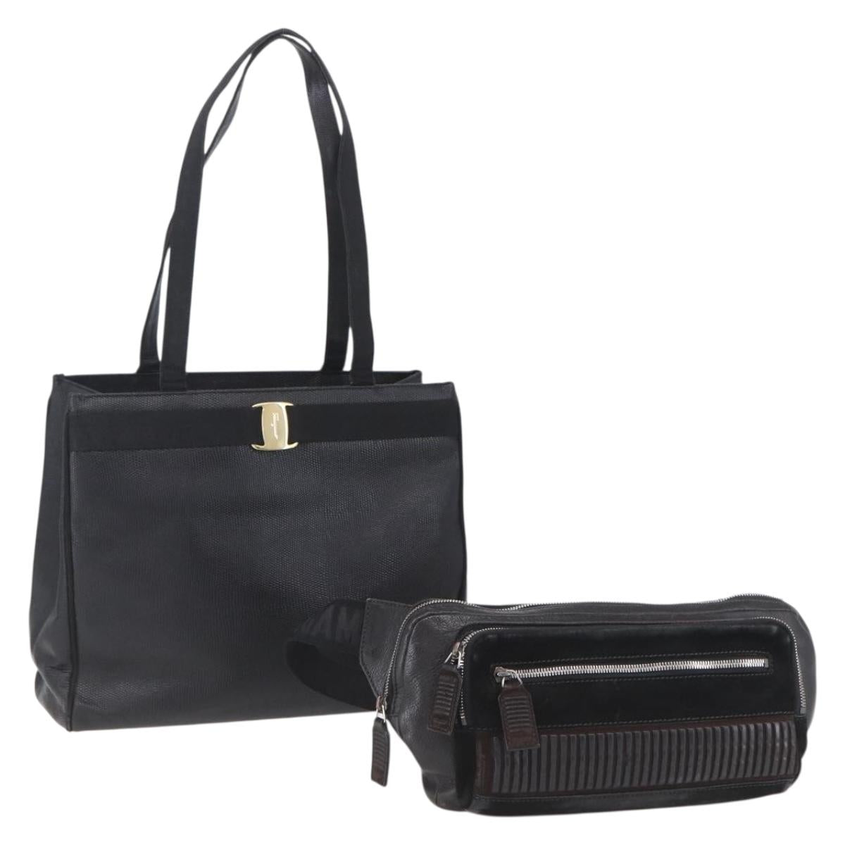 Salvatore Ferragamo Shoulder Bag Leather 2 Set Black Auth ka210