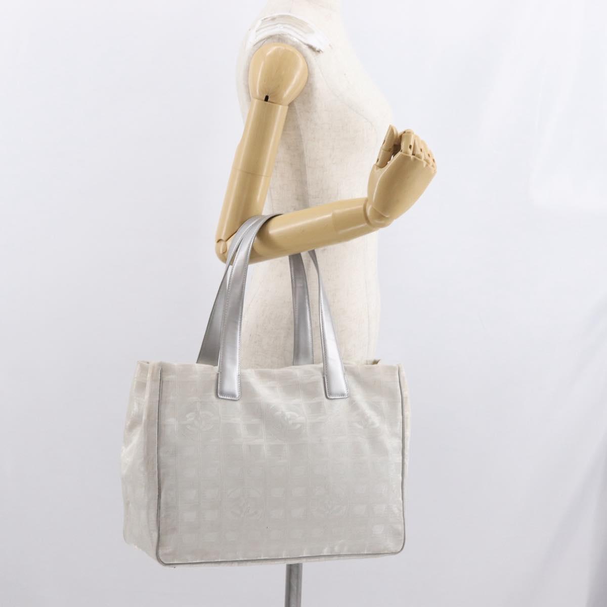 CHANEL New Travel Line Tote Bag Nylon Silver CC Auth ka2106