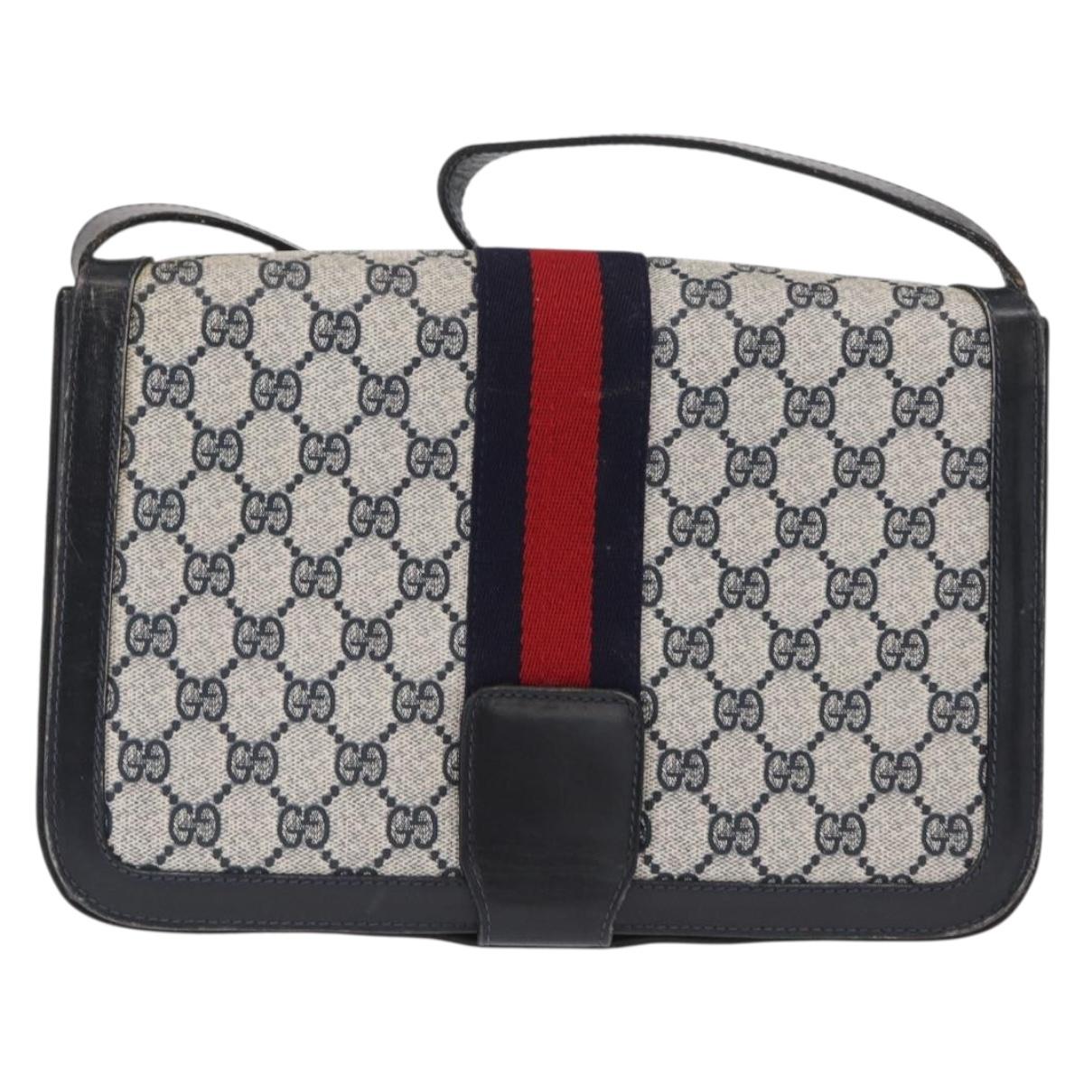 GUCCI GG Supreme Sherry Line Shoulder Bag PVC Navy Gold Auth ka2109