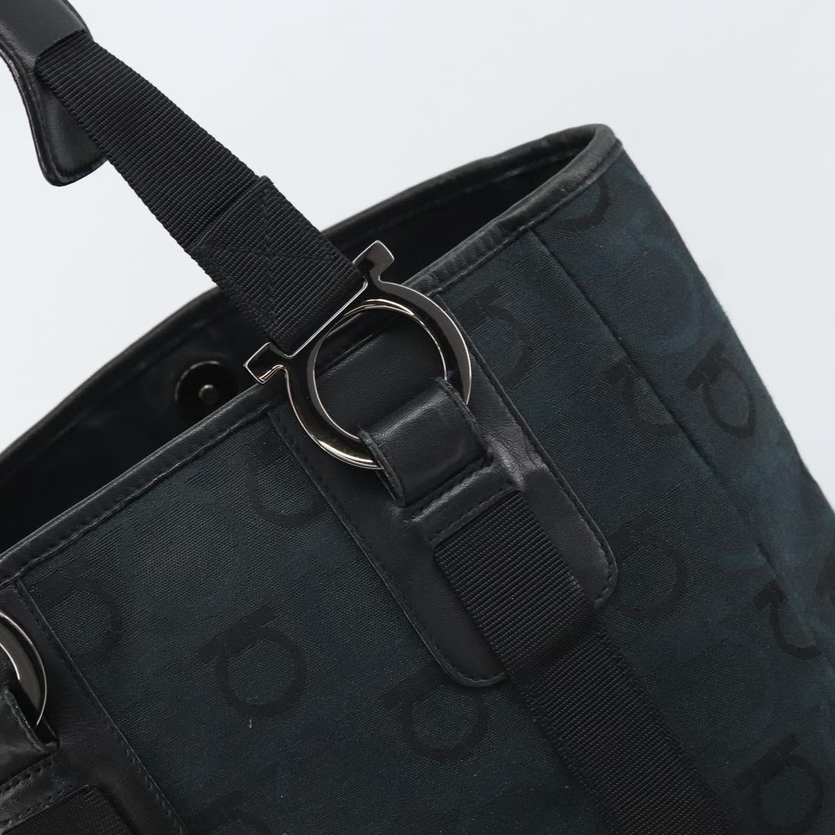 Salvatore Ferragamo Gancini Tote Bag Canvas Navy Silver Auth ka2126