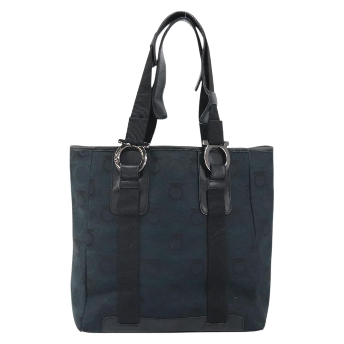 Salvatore Ferragamo Gancini Tote Bag Canvas Navy Silver Auth ka2126