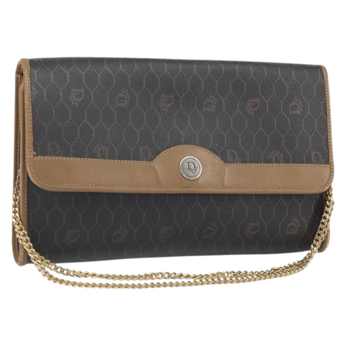 Christian Dior Honeycomb Canvas Chain Shoulder Bag PVC Black Gold Auth ka2127