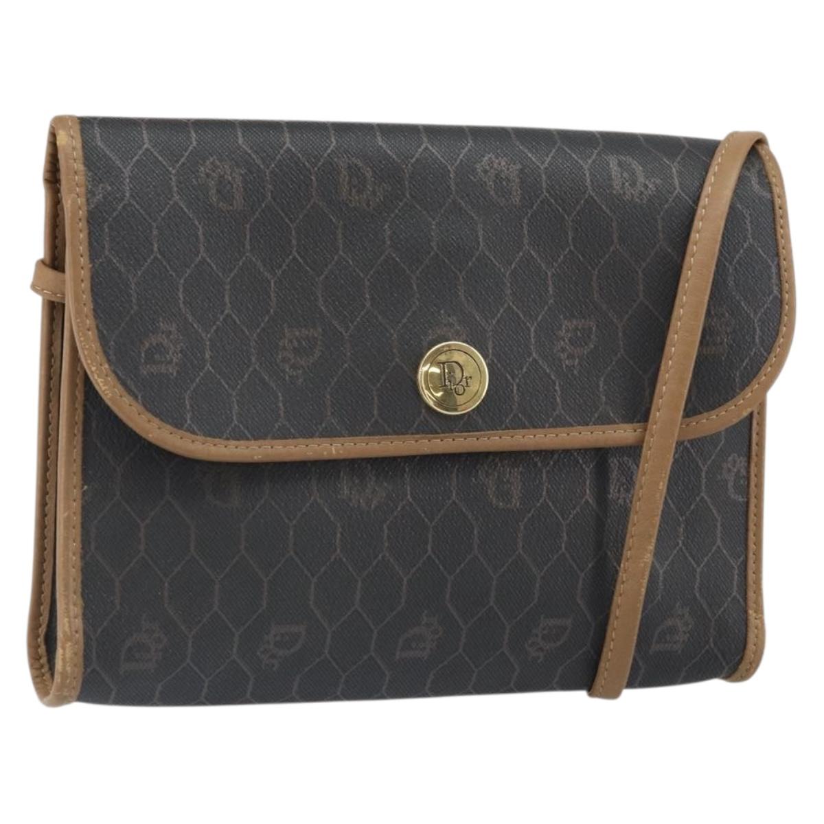 Christian Dior Honeycomb Canvas Shoulder Bag PVC Black Gold Auth ka2128