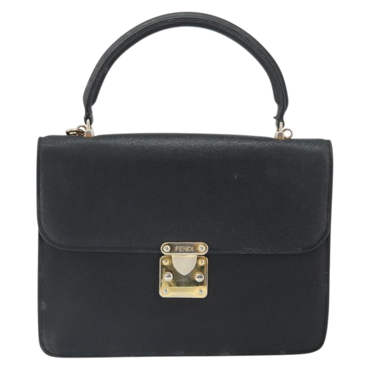 FENDI Hand Bag Leather 2way Black Gold Auth ka2131