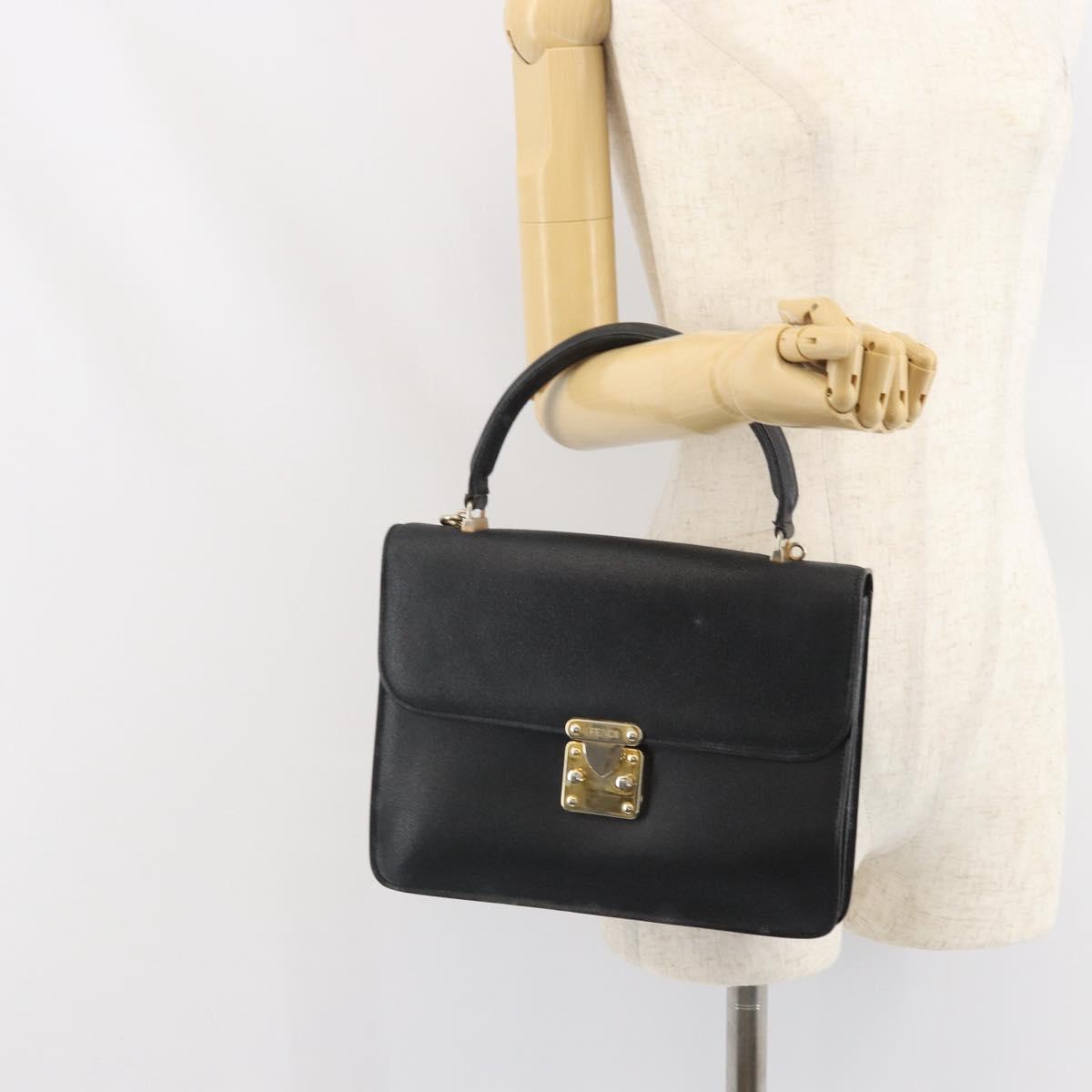 FENDI Hand Bag Leather 2way Black Gold Auth ka2131