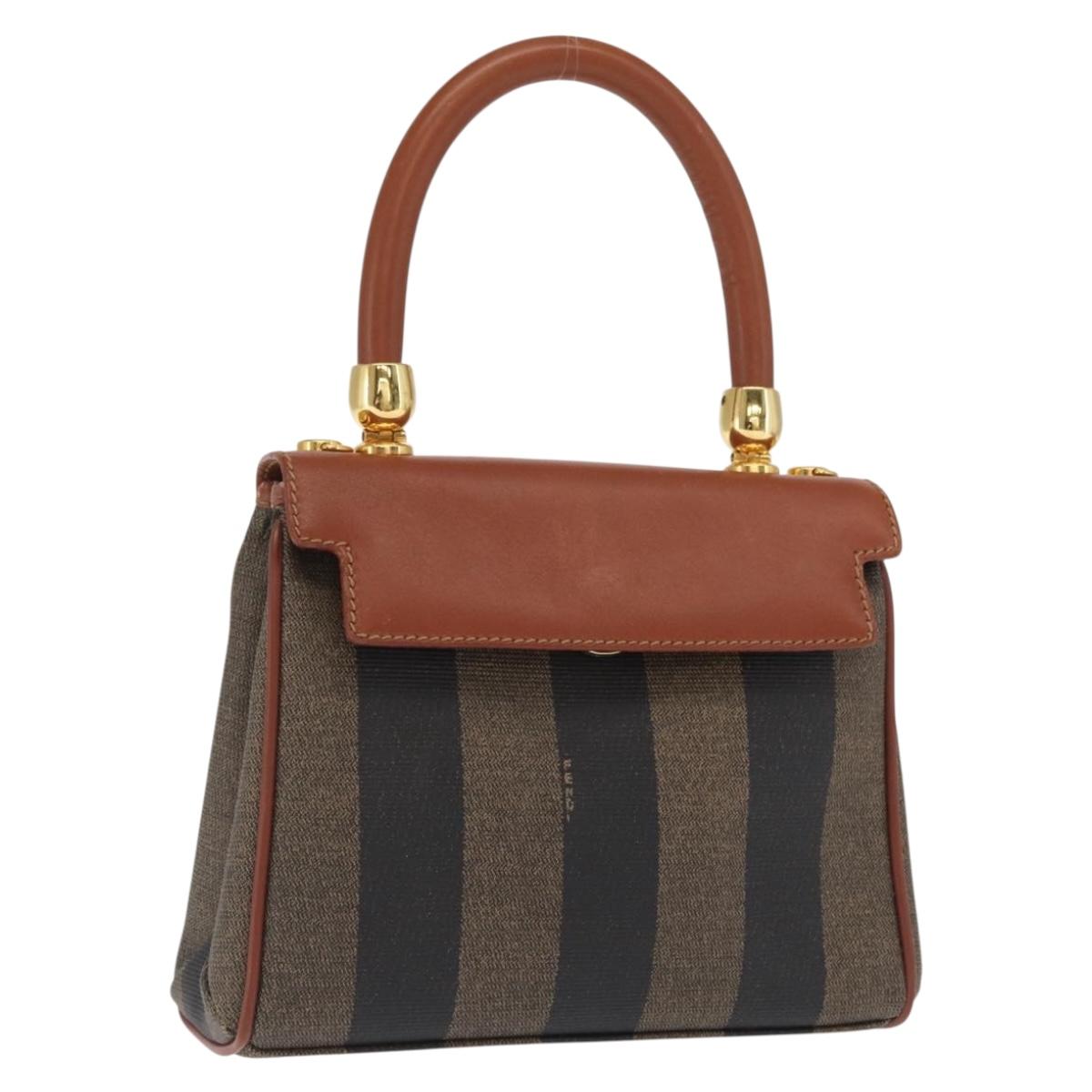 FENDI Pecan Canvas Hand Bag PVC Black Brown gold Auth ka2143
