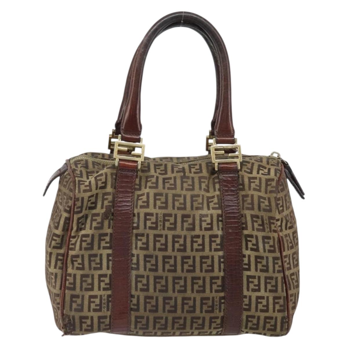 FENDI Zucchino Canvas Hand Bag Beige Gold Auth ka2154
