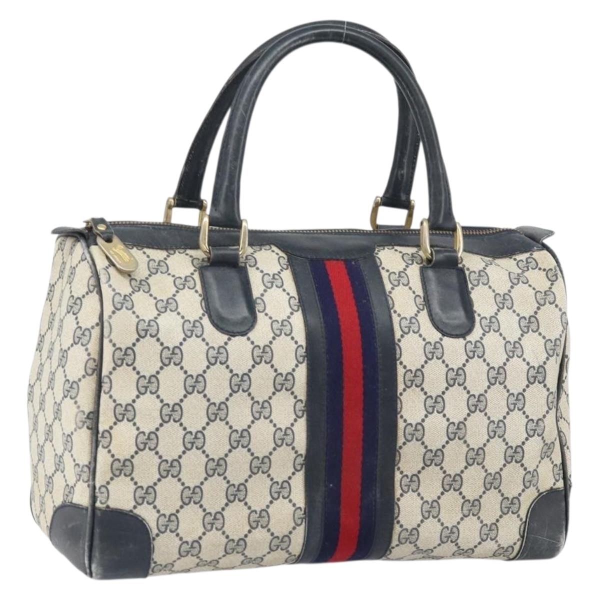 GUCCI GG Supreme Sherry Line Hand Bag PVC Navy Gold Auth ka2155