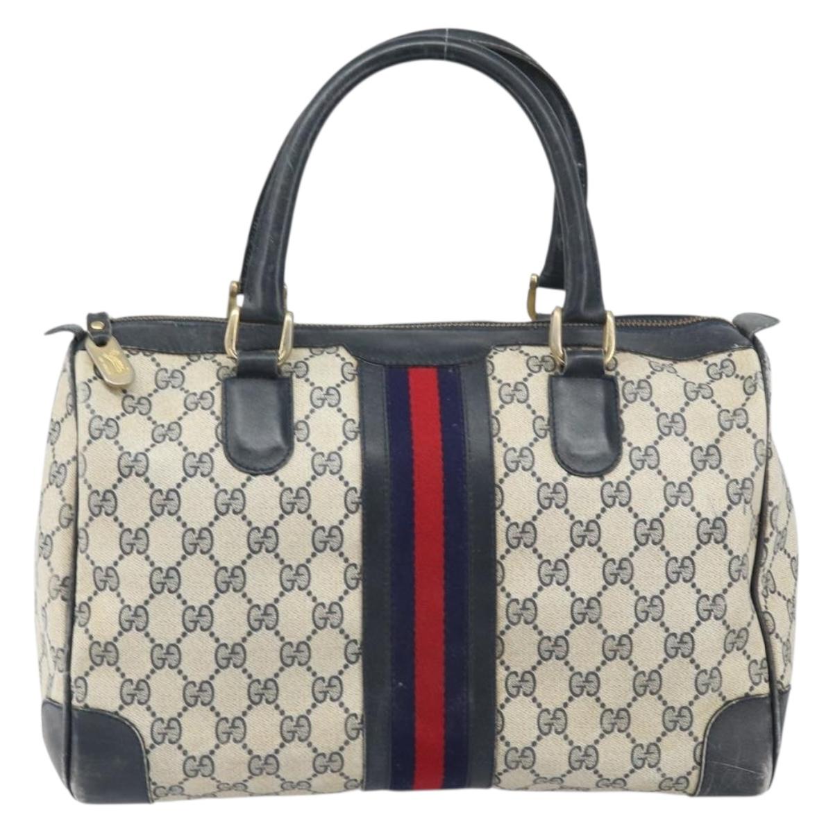 GUCCI GG Supreme Sherry Line Hand Bag PVC Navy Gold Auth ka2155