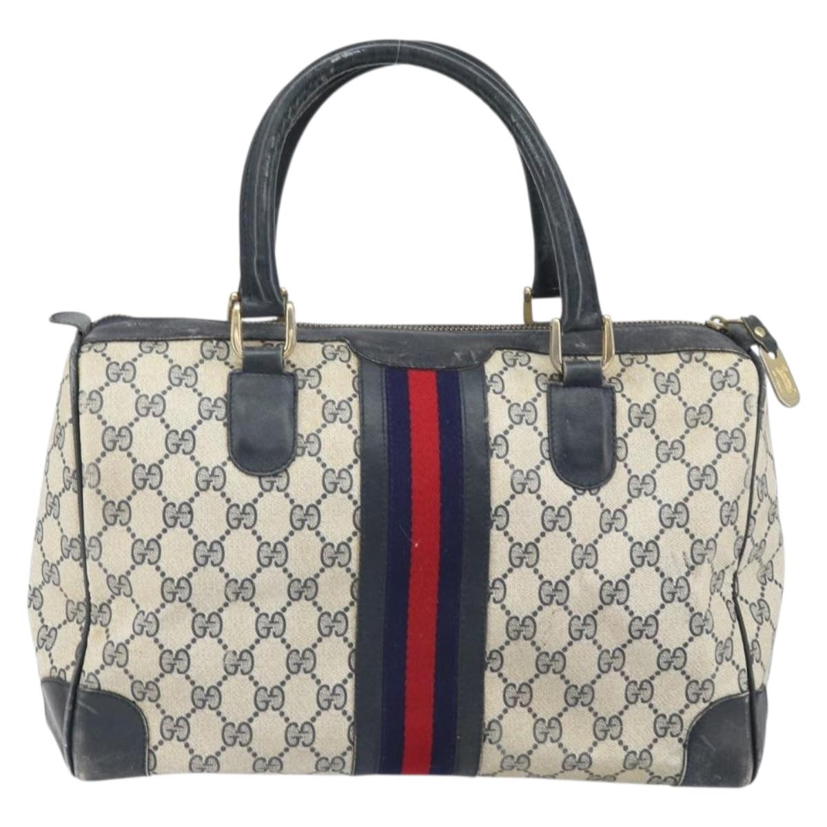 GUCCI GG Supreme Sherry Line Hand Bag PVC Navy Gold Auth ka2155