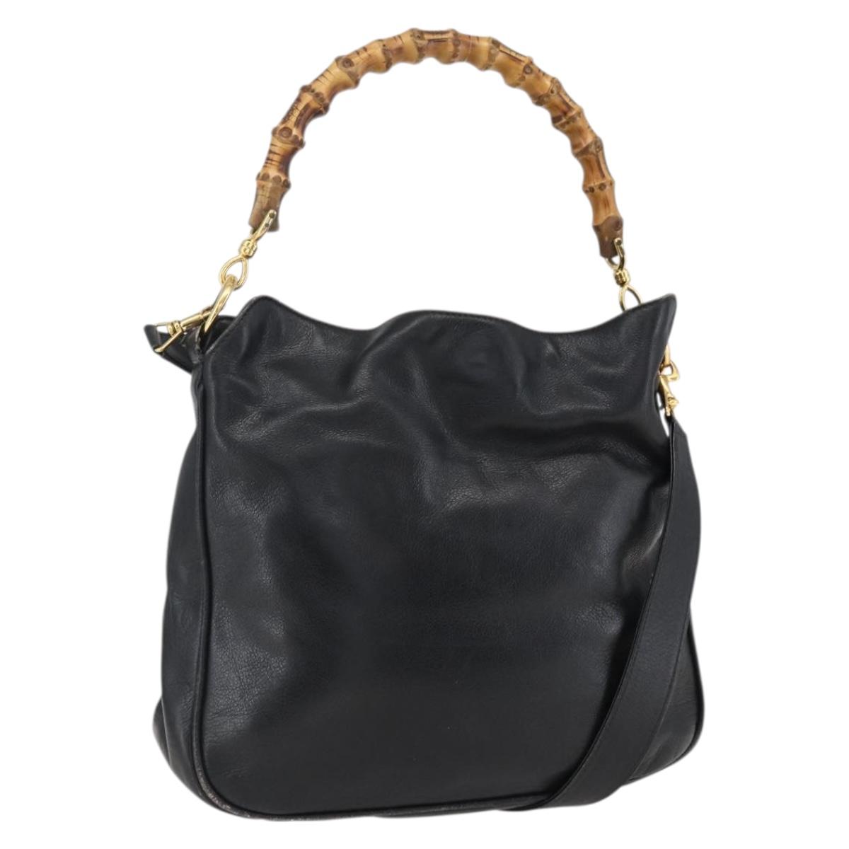 GUCCI Bamboo Shoulder Bag Leather 2way Black Gold 001 2113 1638 Auth ka2177