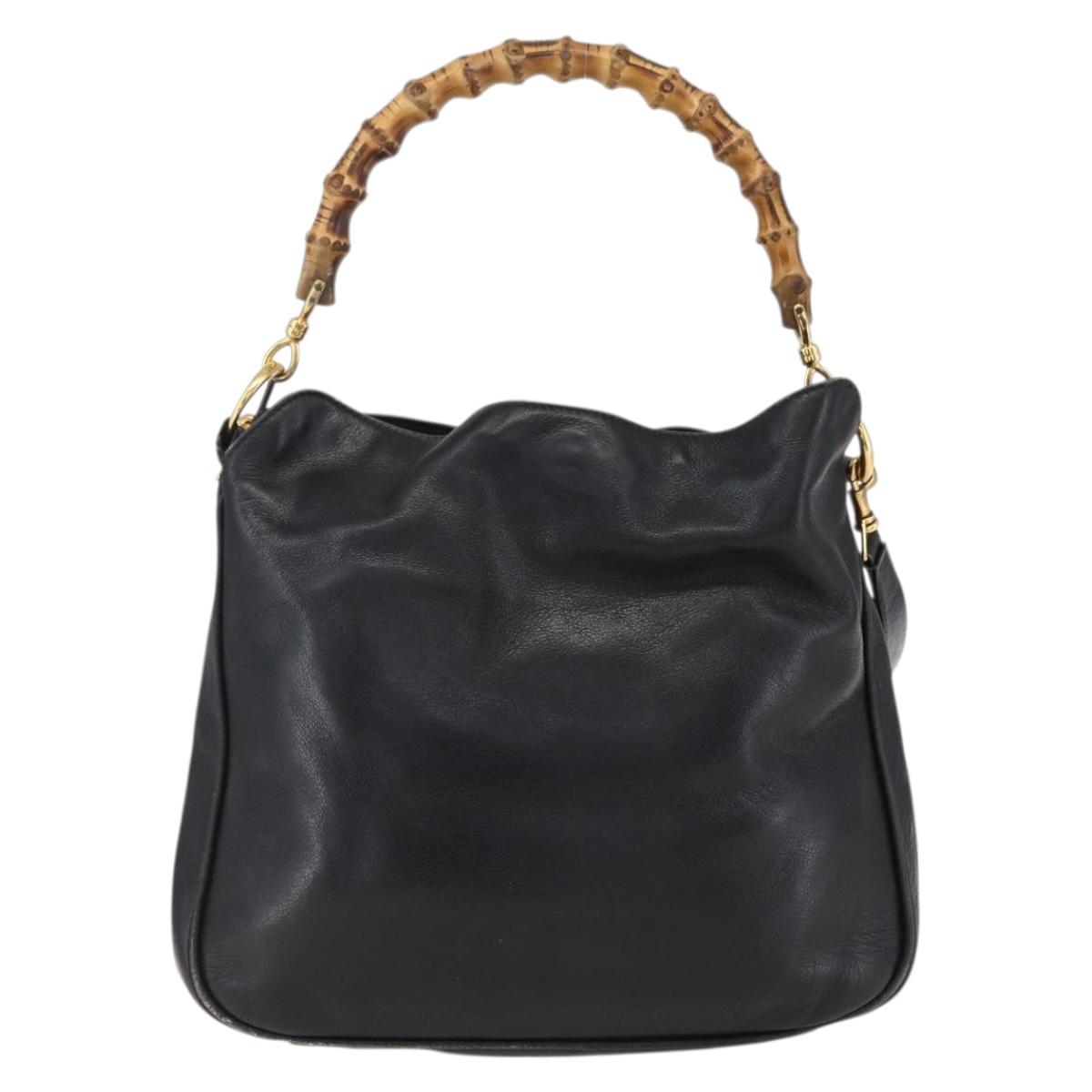 GUCCI Bamboo Shoulder Bag Leather 2way Black Gold 001 2113 1638 Auth ka2177