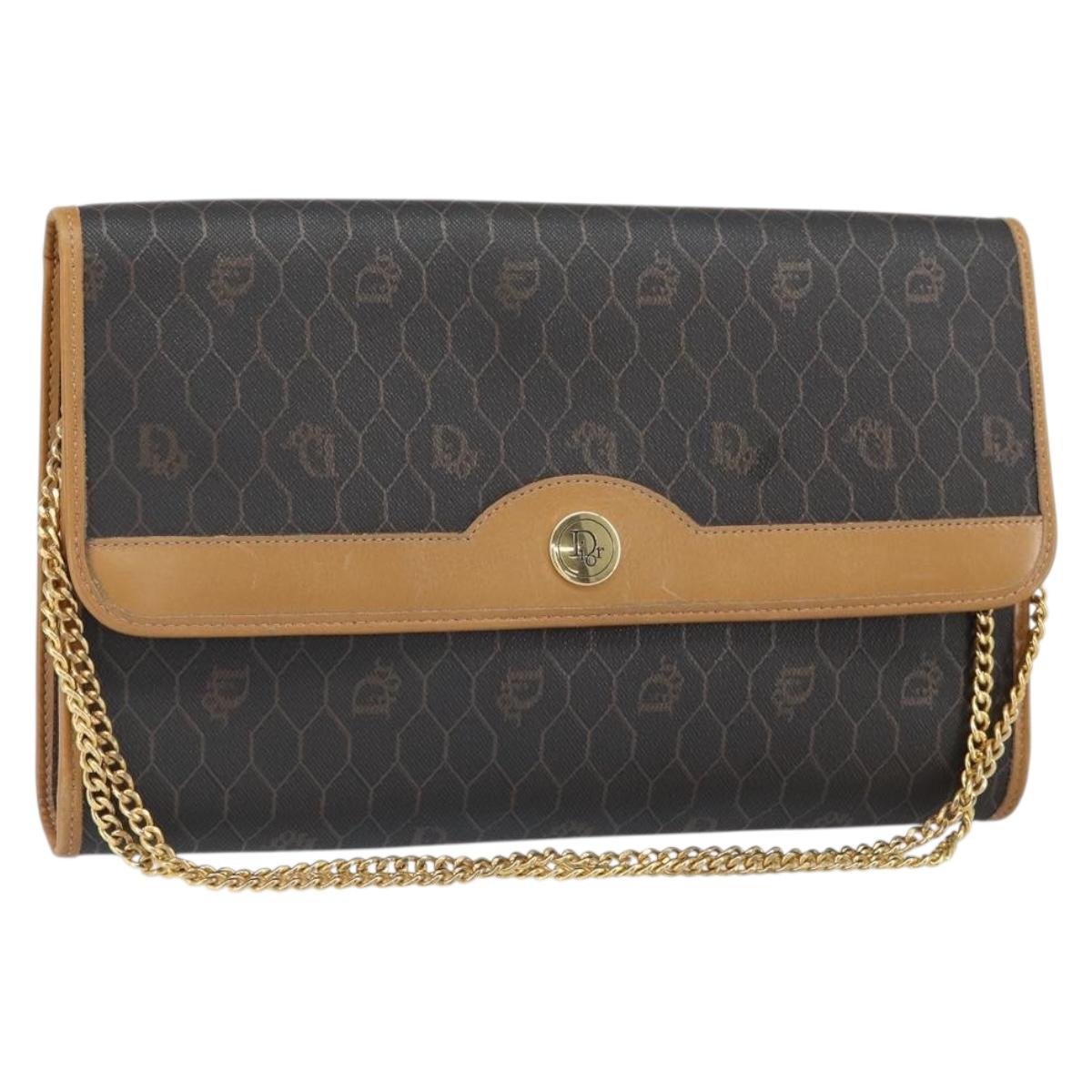 Christian Dior Honeycomb Canvas Chain Shoulder Bag PVC Black Gold Auth ka2188