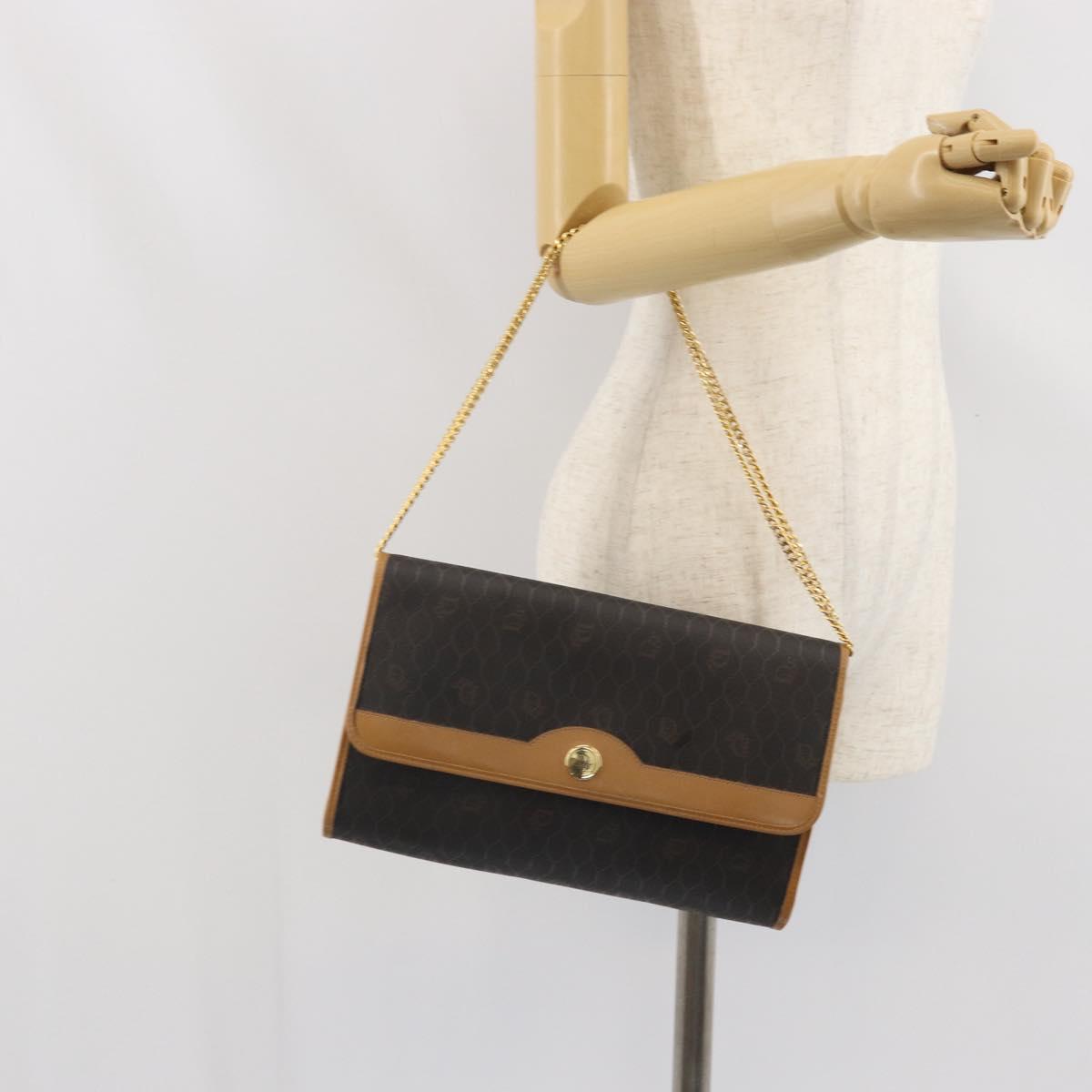 Christian Dior Honeycomb Canvas Chain Shoulder Bag PVC Black Gold Auth ka2188