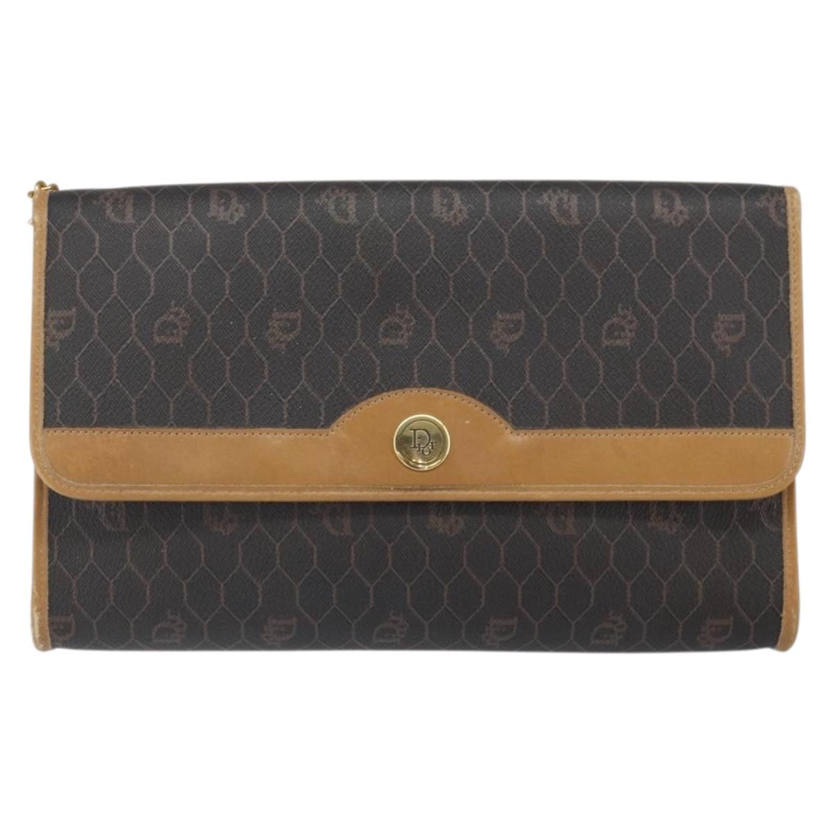 Christian Dior Honeycomb Canvas Chain Shoulder Bag PVC Black Gold Auth ka2204