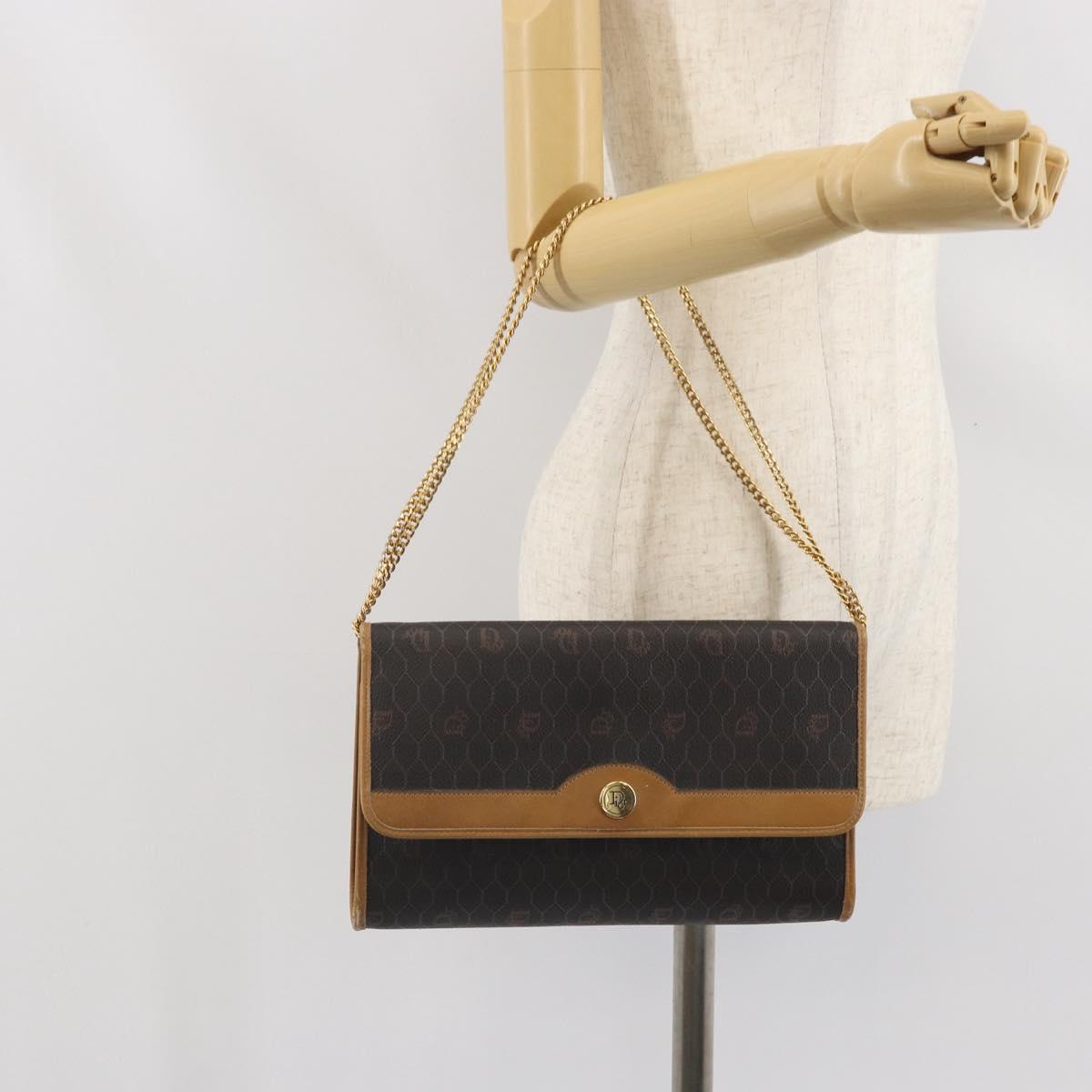 Christian Dior Honeycomb Canvas Chain Shoulder Bag PVC Black Gold Auth ka2204
