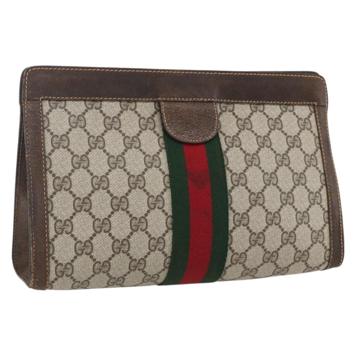 GUCCI GG Supreme Web Sherry Line Clutch Bag PVC Beige 67 014 2125 Auth ka2207