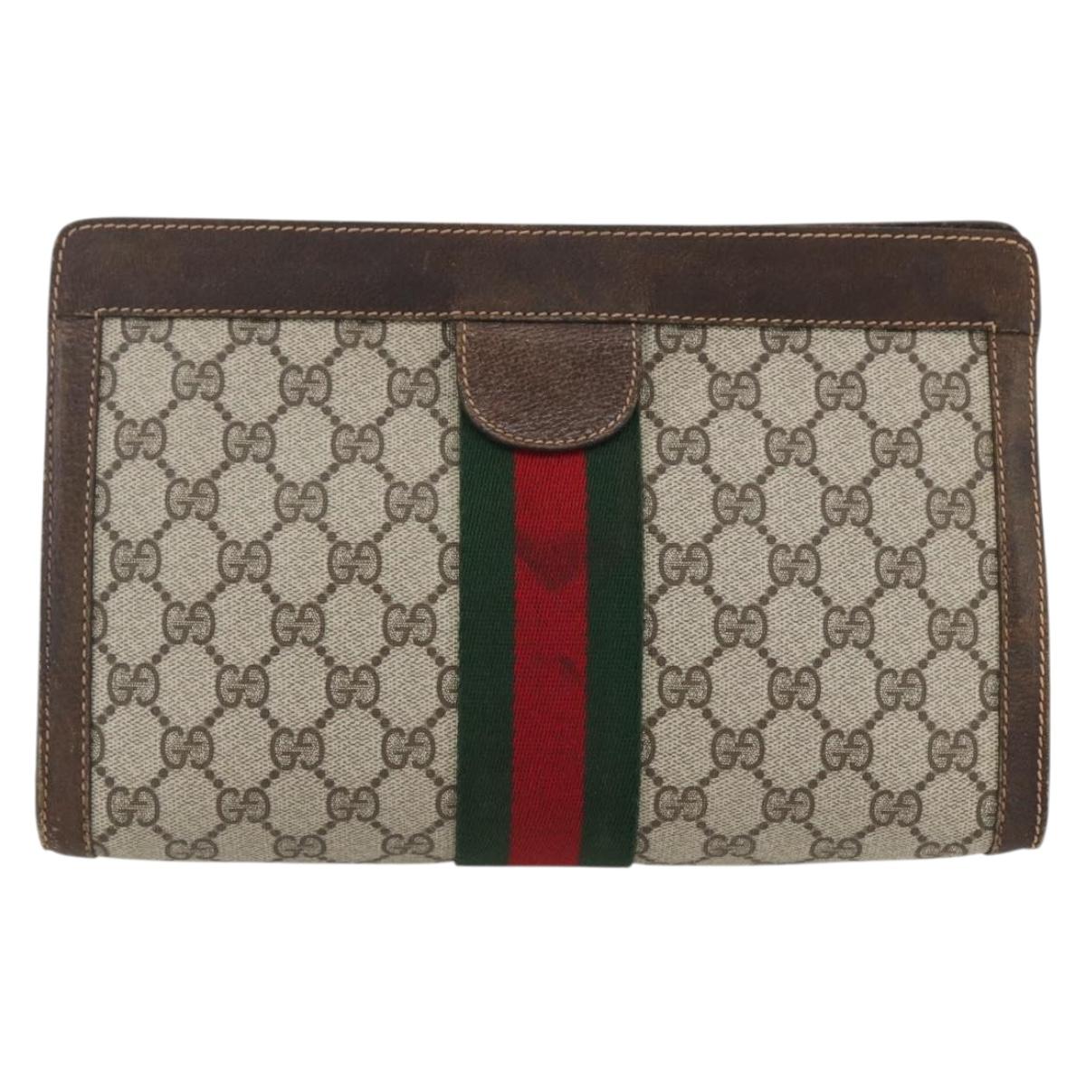 GUCCI GG Supreme Web Sherry Line Clutch Bag PVC Beige 67 014 2125 Auth ka2207