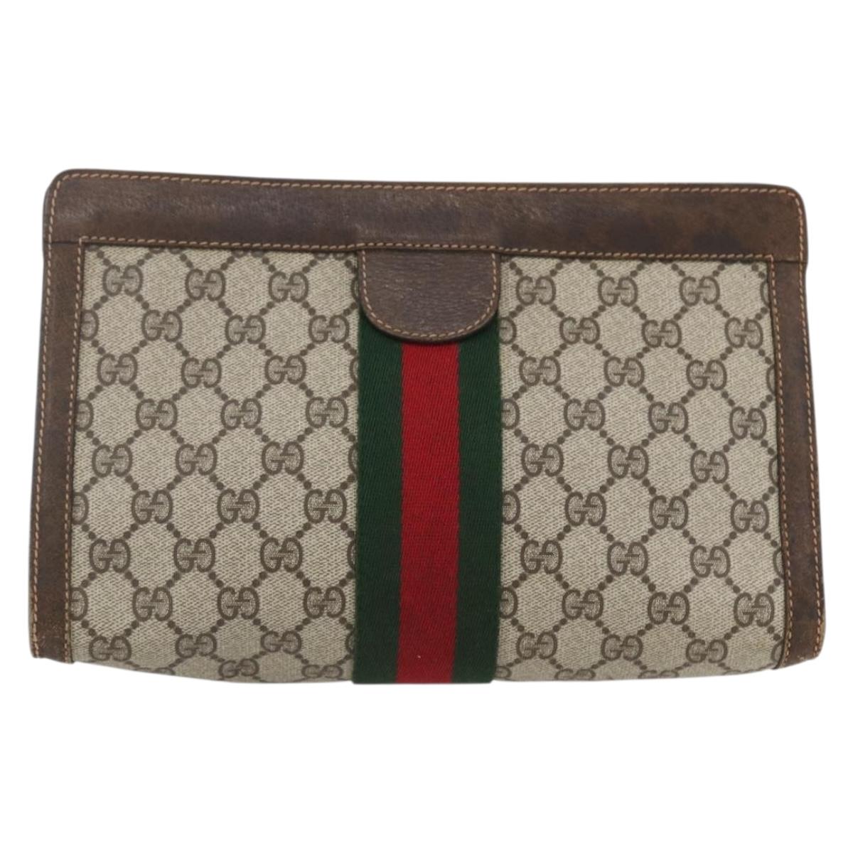 GUCCI GG Supreme Web Sherry Line Clutch Bag PVC Beige 67 014 2125 Auth ka2207
