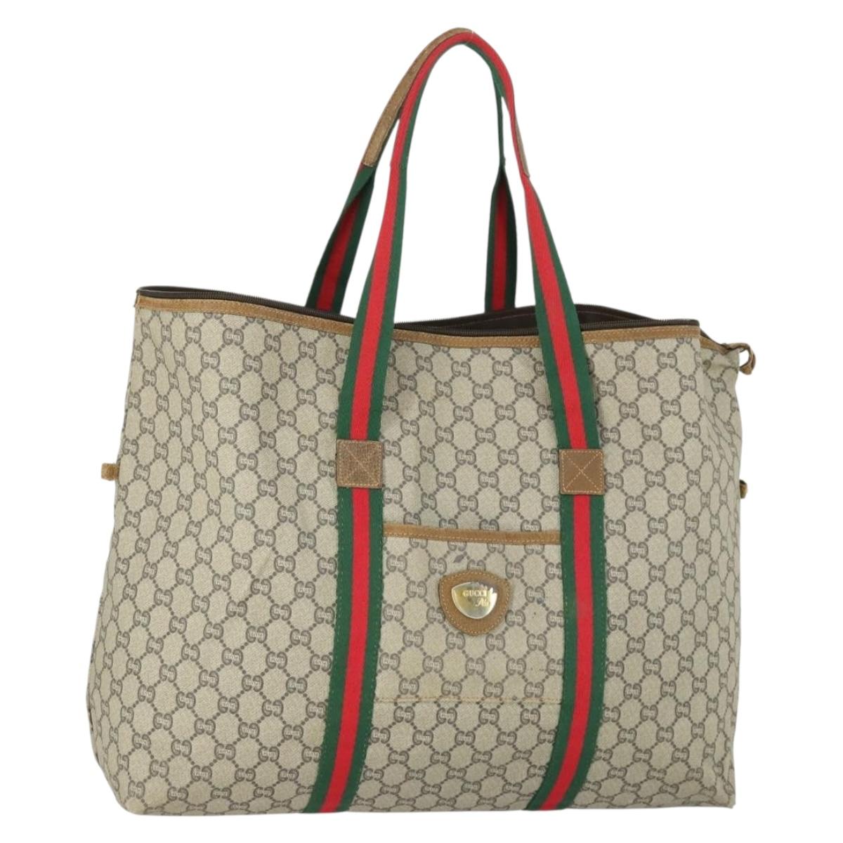 GUCCI GG Plus Supreme Boston Bag PVC Beige Gold Red Auth ka2300