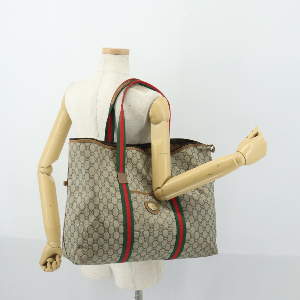 GUCCI GG Plus Supreme Boston Bag PVC Beige Gold Red Auth ka2300