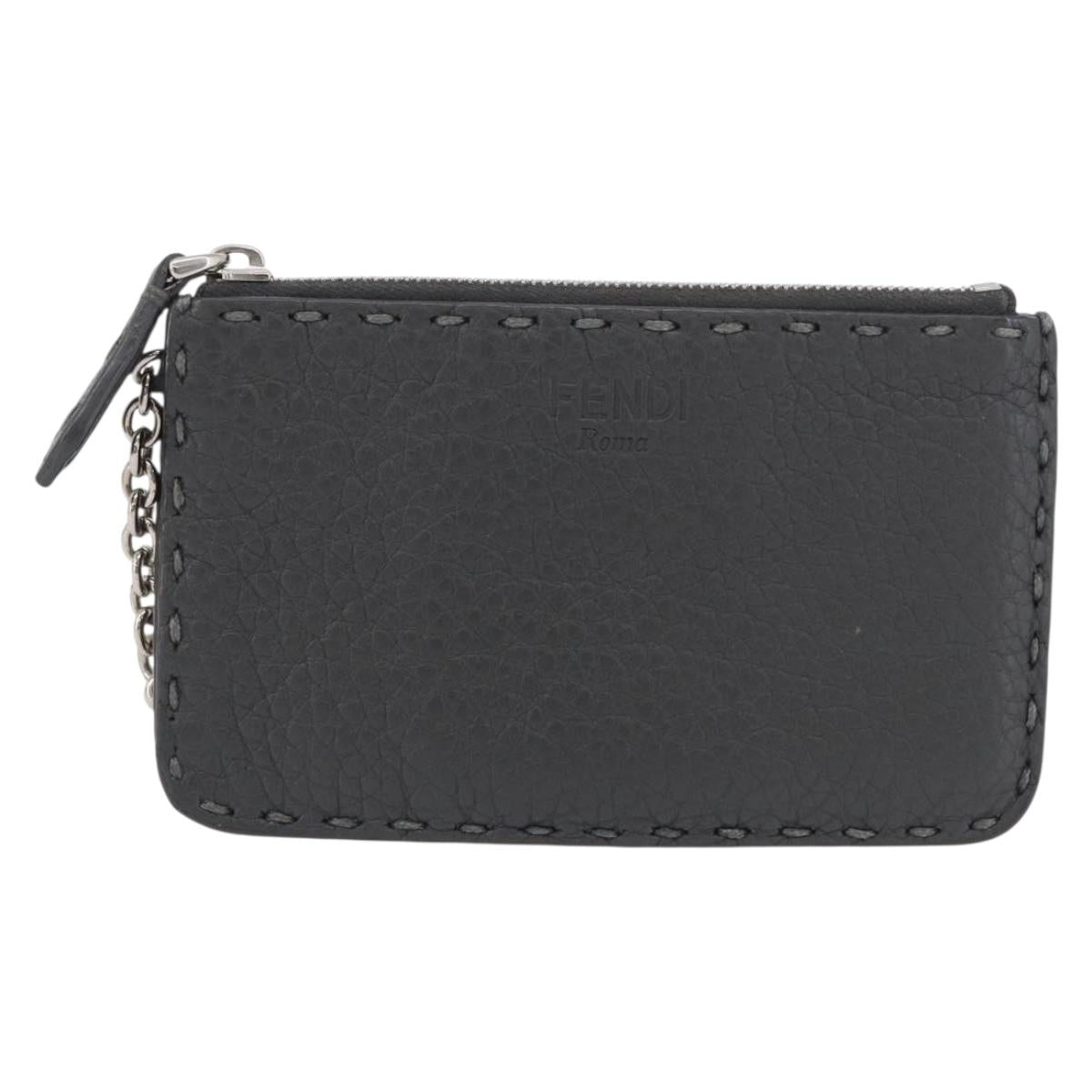 FENDI Coin Purse Leather Gray Silver Auth ka2318V