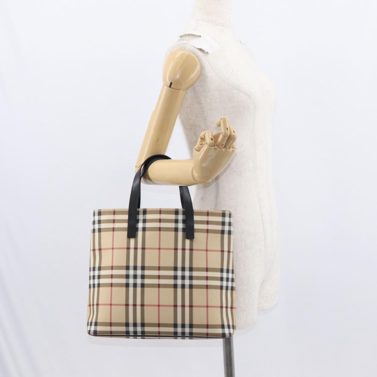 BURBERRY Nova Check Hand Bag PVC Beige Silver Auth ka234