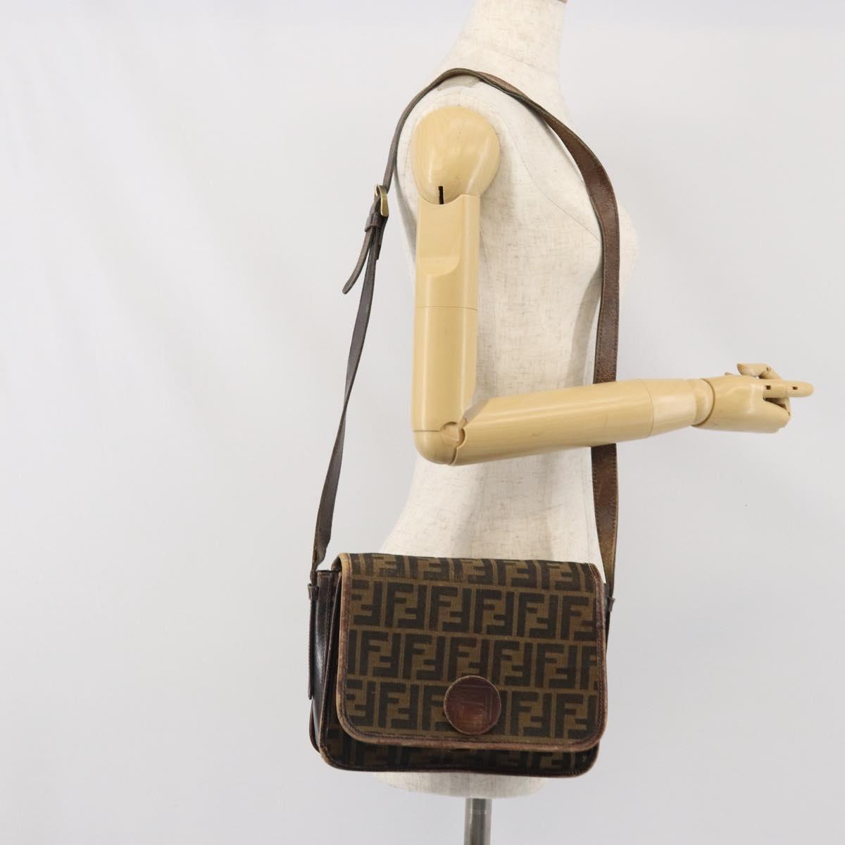 FENDI Zucca Canvas Shoulder Bag Black Brown Auth ka2348