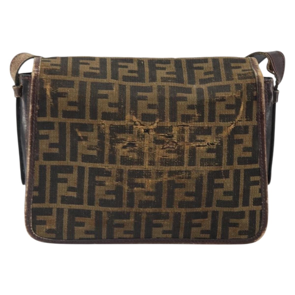 FENDI Zucca Canvas Shoulder Bag Black Brown Auth ka2348