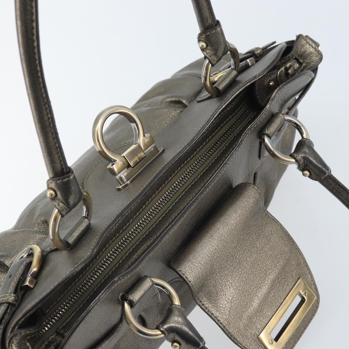 Salvatore Ferragamo Gancini Hand Bag Leather Gold Auth ka2356