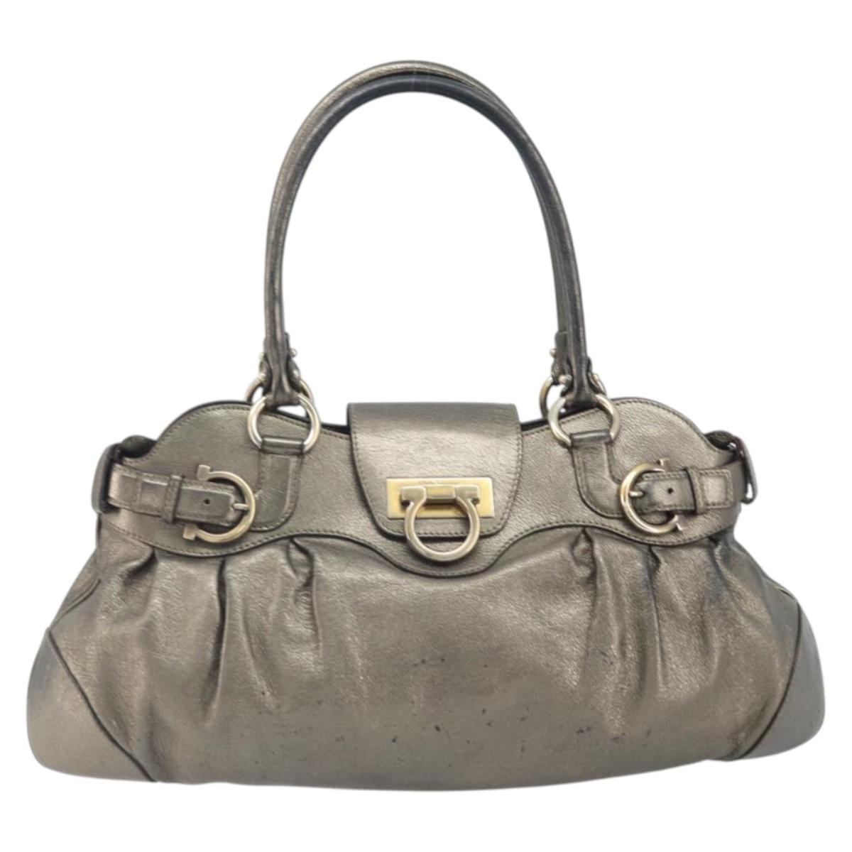 Salvatore Ferragamo Gancini Hand Bag Leather Gold Auth ka2356