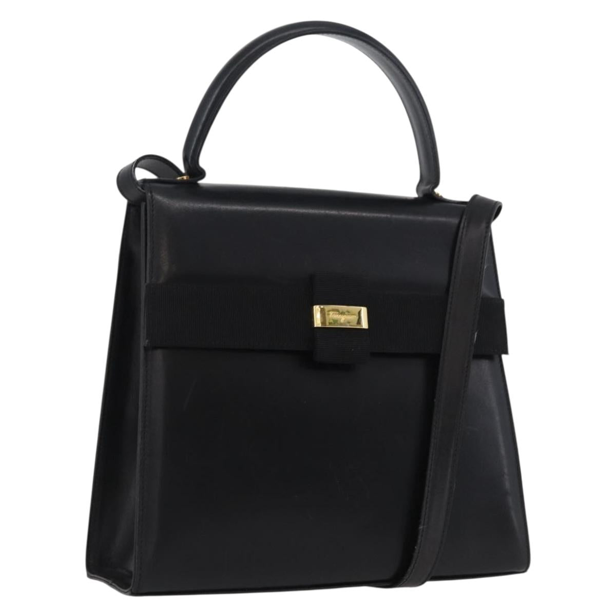 Salvatore Ferragamo Vara Ribbon Hand Bag Leather 2way Black Gold Auth ka2379
