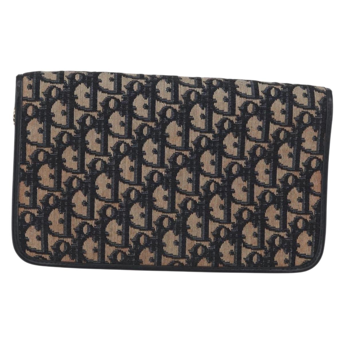 Christian Dior Chain Trotter Canvas Shoulder Bag Navy Gold Auth ka2389