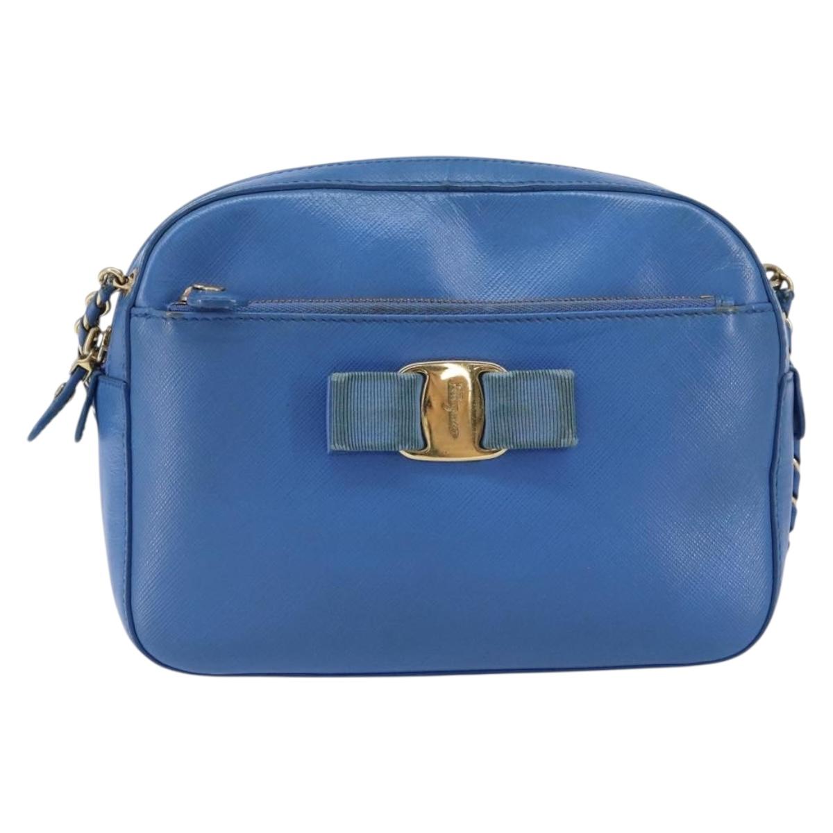 Salvatore Ferragamo Vala Chain Shoulder Bag Leather Blue Gold Auth ka240
