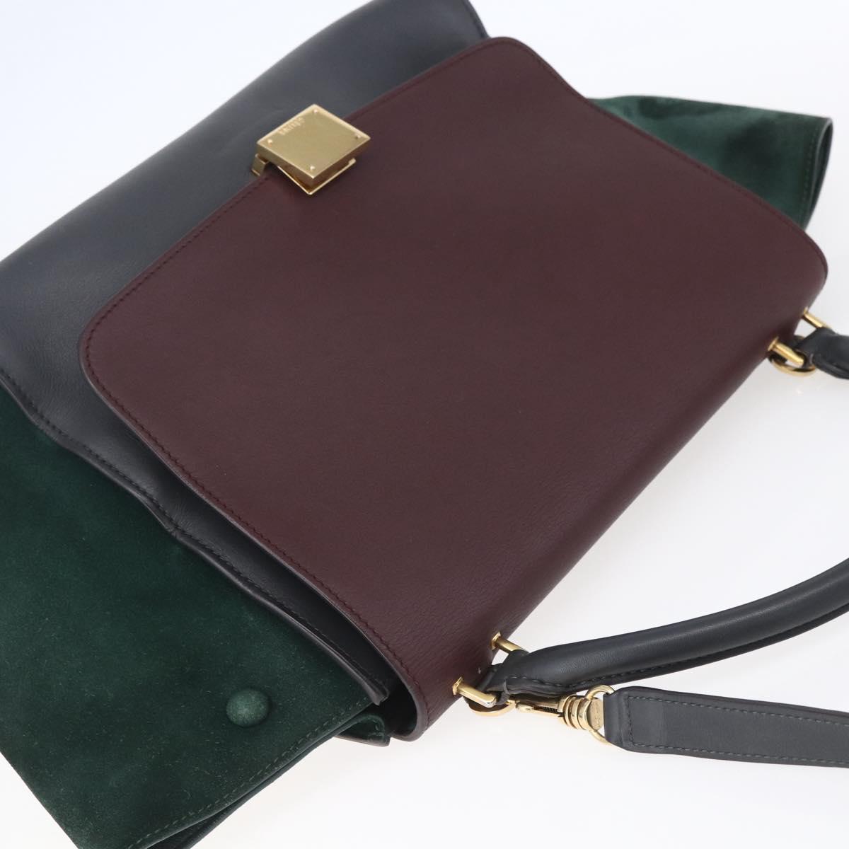 CELINE Trapeze Medium Hand Bag Leather 2way Red Green gold Auth ka241