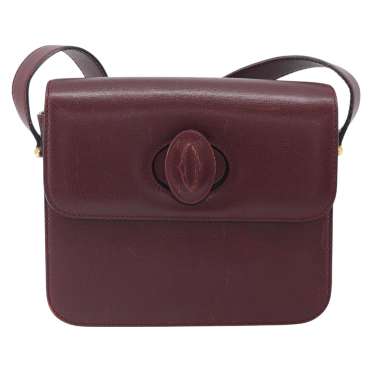 CARTIER Must Line Shoulder Bag Leather Bordeaux Gold Auth ka2426