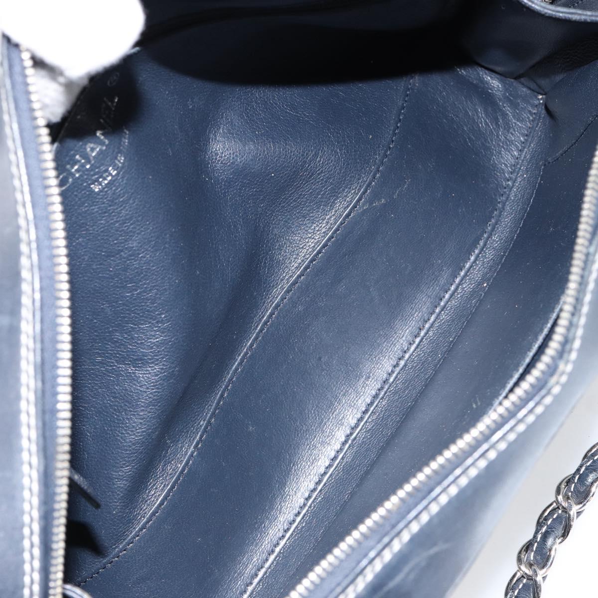 CHANEL Choco Bar Chain Shoulder Bag Leather Navy Silver CC Auth ka245