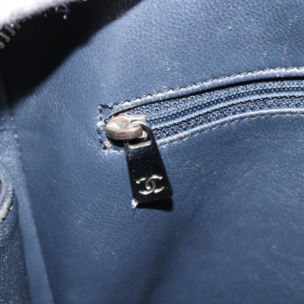 CHANEL Choco Bar Chain Shoulder Bag Leather Navy Silver CC Auth ka245